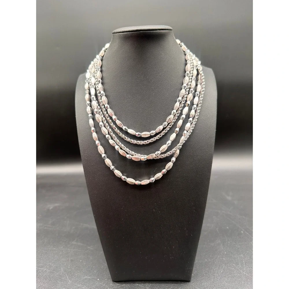 Vintage Trifari Silver Tone Multi Strand Beaded ‎ Chain Statement Necklace 16